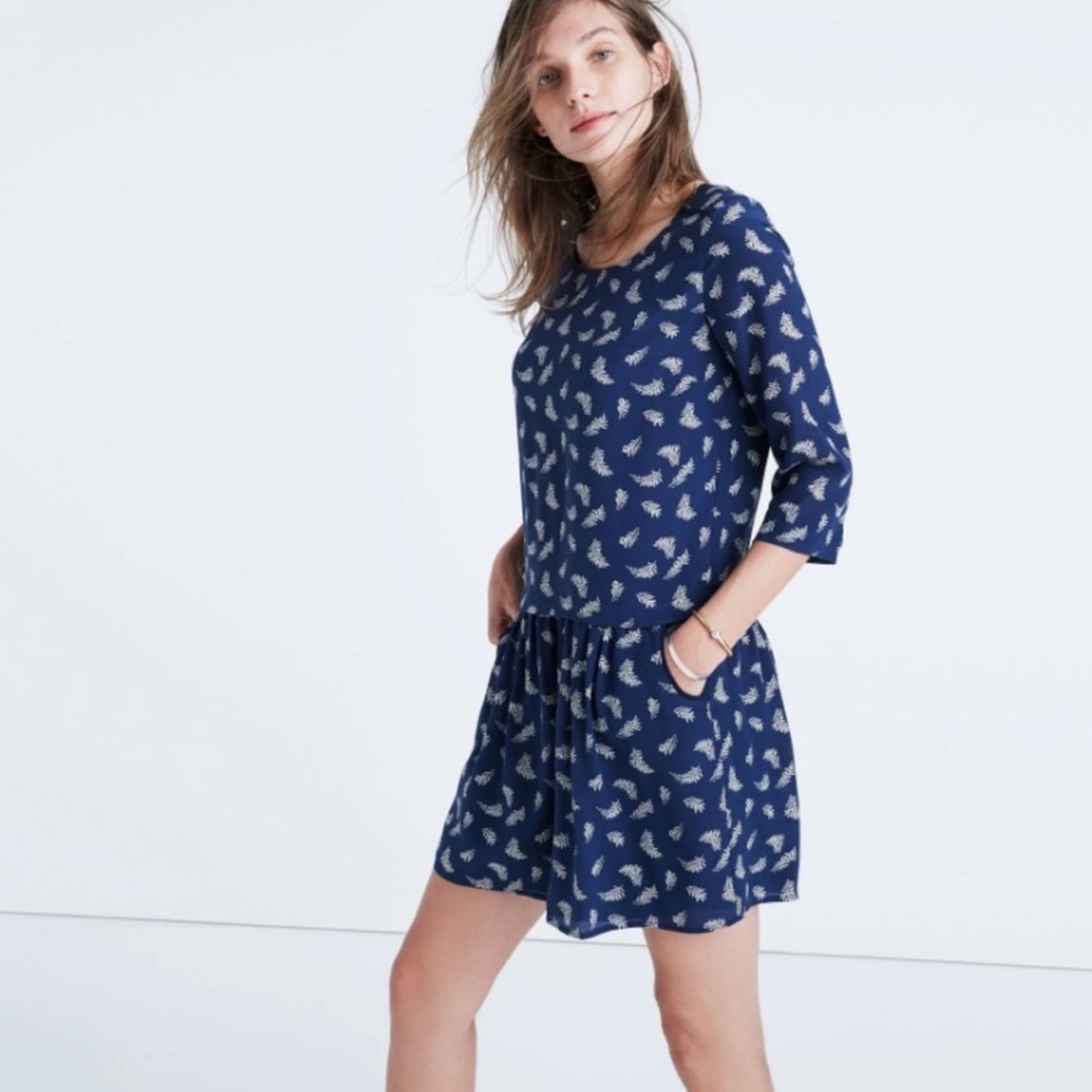 Sezane Navy Blue Printed Silk Long Sleeve Dress